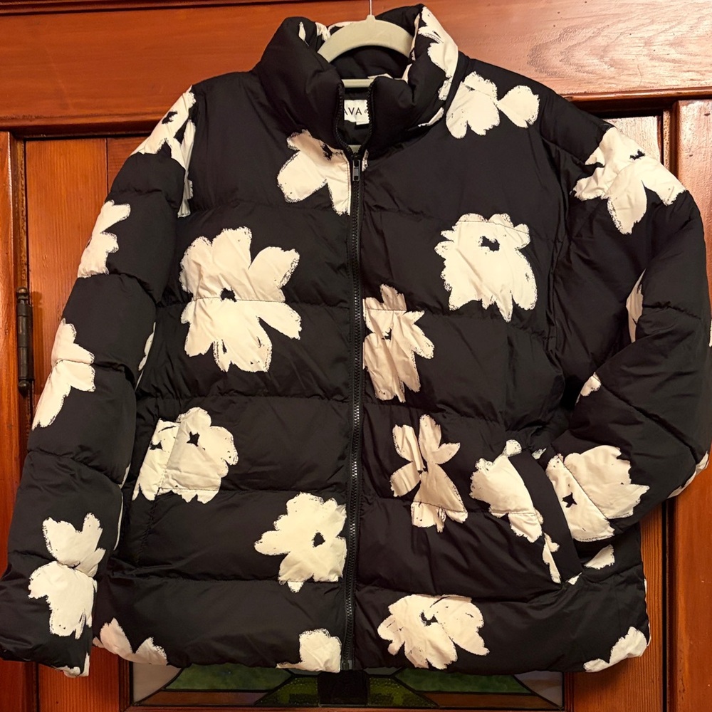 Ava & Viv Black and White Floral Puffer Jacket